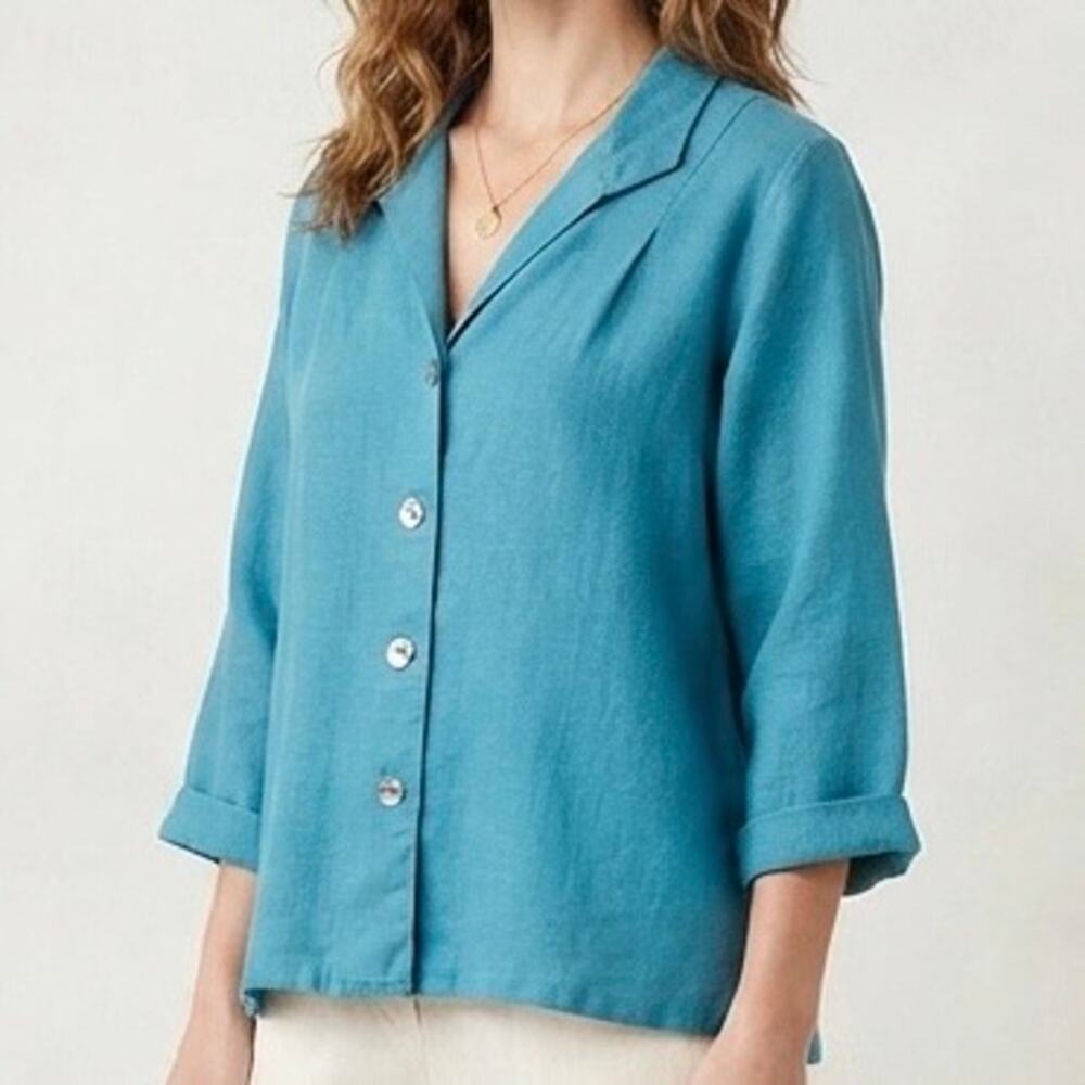 Sympatico Blue Hemp Tencel Lyocell Button Down Shirt Blouse Women's USA | Large